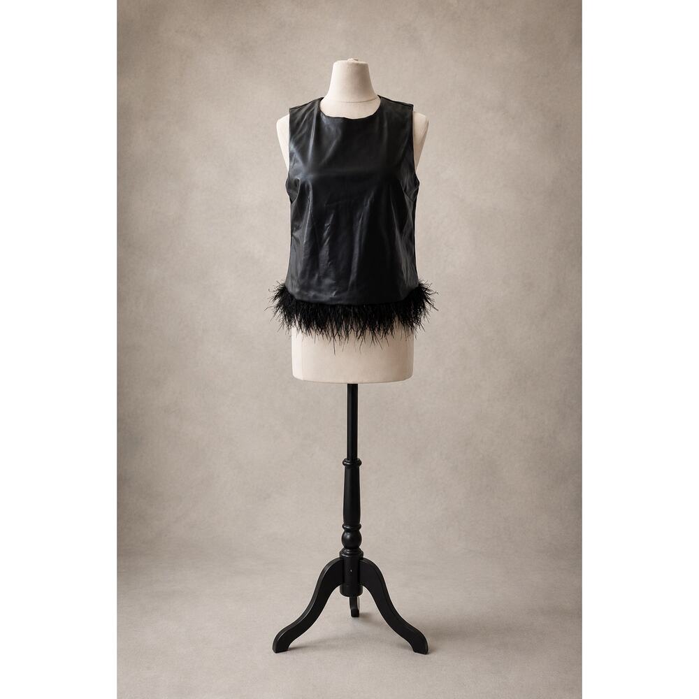 FORCYNTHIA Black Faux Leather Feather Trim Sleeveless Top Size L